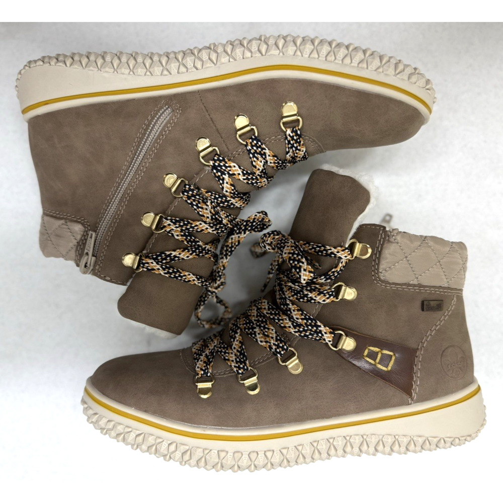 RIEKER TEX Side Zip Lace Up Sherpa Lined Winter Booties Boots Womens 39 US 8